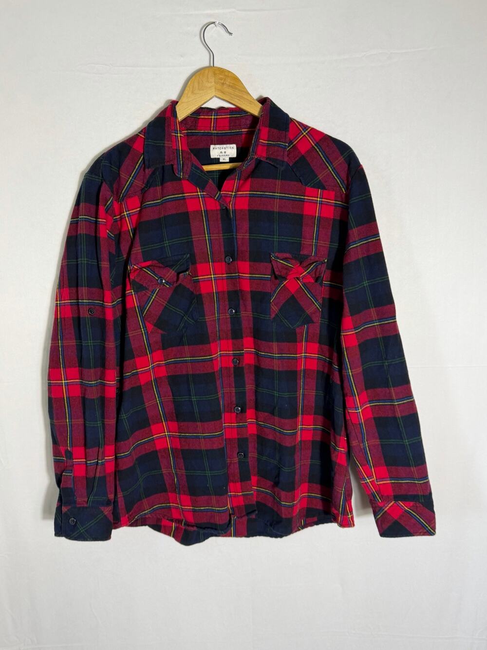 Matchstick XL Plaid Flannel Shirt Red Navy Western Button Up Roll Tab Sleeves